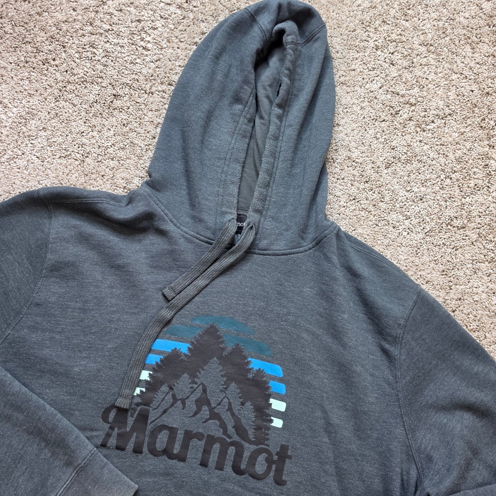 Marmot Hoodie Mens L Gray Cotton Blend Mountain Graphic Outdoor Sweater Adult